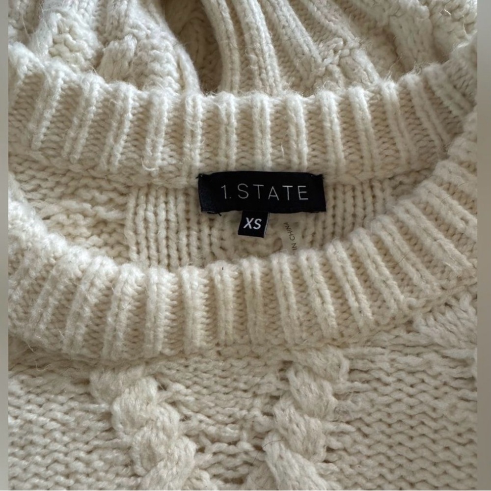 1. STATE Ivory Cable Knit Sweater XS Chunky Crewneck Cozy Chic Puff Sleeve - Picture 5 of 6